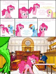 Size: 1059x1400 | Tagged: safe, fluttershy, pinkie pie, rainbow dash, dinosaur, earth pony, pegasus, pony, tyrannosaurus rex, g4, ace attorney, comic, crossover, dinosaur comics, maya fey, miles edgeworth, phoenix wright, pinkiesaurous rex, the judge