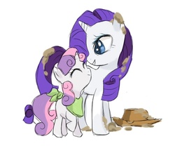 Size: 580x489 | Tagged: safe, artist:yubi, rarity, sweetie belle, pony, unicorn, g4, sisterhooves social, belle sisters, duo, duo female, eyes closed, female, filly, hat, mare, mud, siblings, simple background, sisters, white background