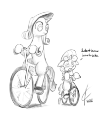 Size: 1600x2000 | Tagged: safe, artist:valcron, rarity, sweetie belle, g4, bicycle, grayscale, monochrome, riding