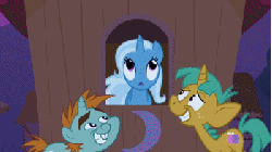 Size: 350x197 | Tagged: safe, screencap, snails, snips, trixie, pony, unicorn, boast busters, g4, season 1, animated, gif, hatless, missing accessory, running, running in place, scared, screaming, wheel o feet, zip lines
