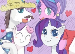 Size: 680x489 | Tagged: safe, artist:yubi, cookie crumbles, hondo flanks, rarity, sweetie belle, pony, unicorn, g4, eyes closed, family, female, filly, foal, group, male, mare, parent, quartet, ship:cookieflanks, stallion