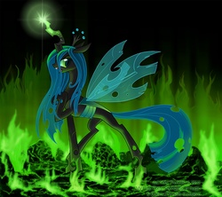 Size: 1350x1200 | Tagged: safe, artist:countcarbon, queen chrysalis, changeling, changeling queen, g4, crown, fangs, female, fire, glowing horn, horn, jewelry, looking at you, magic, open mouth, raised hoof, regalia, signature, solo, standing