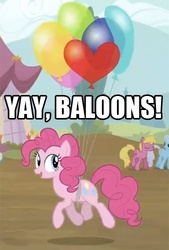 Size: 337x500 | Tagged: safe, edit, edited screencap, screencap, cherry berry, linky, pinkie pie, shoeshine, g4, it's about time, season 2, balloon, cropped, floating, misspelling, that pony sure does love balloons, then watch her balloons lift her up to the sky