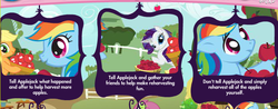 Size: 701x274 | Tagged: safe, applejack, rainbow dash, rarity, earth pony, pegasus, pony, unicorn, g4, official, adventures in ponyville, apple, female, game, horn, mare, screenshots, text