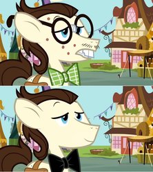 Size: 1152x1300 | Tagged: safe, edit, edited screencap, screencap, gizmo, earth pony, pony, g4, putting your hoof down, acne, bowtie, bucktooth, comparison, facial hair, glasses, male, moustache, stallion