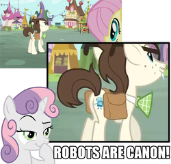 Size: 1123x1080 | Tagged: safe, edit, edited screencap, screencap, bon bon, fluttershy, gizmo, lyra heartstrings, sweetie belle, sweetie drops, pegasus, pony, robot, unicorn, g4, putting your hoof down, butt, canon, cutie mark, female, filly, foal, glasses, horn, male, mare, plot, saddle bag, smiling, sweetie bot, text