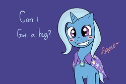 Size: 1800x1200 | Tagged: safe, artist:celine-artnsfw, trixie, pony, unicorn, g4, blue background, blushing, bronybait, cute, dialogue, diatrixes, female, grin, hug, hug request, looking at you, mare, simple background, solo, squee, trixie's cape