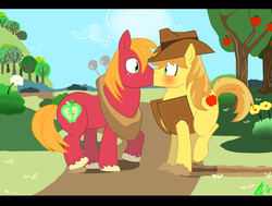 Size: 850x644 | Tagged: safe, artist:delineationcreation, big macintosh, braeburn, earth pony, pony, g4, accident, accidental kiss, blushing, couch, gay, incest, kissing, male, ship:braemac, shipping, skid mark, stallion