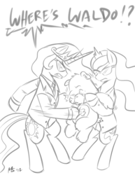 Size: 1041x1347 | Tagged: safe, artist:megasweet, princess celestia, princess luna, g4, abuse, care bears, crossover, mafia, monochrome, violence, where's waldo