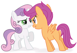 Size: 838x579 | Tagged: safe, artist:sorcerushorserus, scootaloo, sweetie belle, pegasus, pony, unicorn, g4, duo, duo female, female, filly, simple background, staring contest, white background