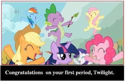 Size: 657x431 | Tagged: safe, applejack, fluttershy, pinkie pie, rainbow dash, rarity, spike, twilight sparkle, g4, female, image macro, mane seven, menstruation