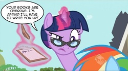 Size: 996x559 | Tagged: safe, edit, edited screencap, screencap, rainbow dash, twilight sparkle, pegasus, pony, unicorn, g4, lesson zero, season 2, dialogue, female, glasses, hair bun, librarian, mare, twibrarian, unicorn twilight