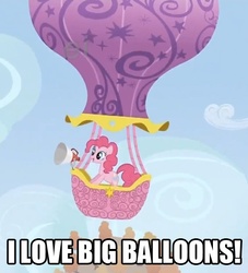 Size: 566x623 | Tagged: safe, edit, edited screencap, screencap, pinkie pie, earth pony, pony, fall weather friends, g4, announcement, balloon, female, hot air balloon, image macro, loudhailer, mare, megaphone, solo, twinkling balloon