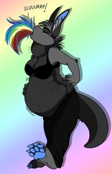 Size: 600x932 | Tagged: safe, artist:muzz, rainbow dash, oc, anthro, g4, belly, breasts, cleavage, drool, female, fetish, furry, non-mlp oc, paw pads, paws, preydash, tail sticking out, throat bulge, underpaw, vore