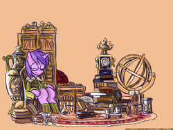 Size: 1000x750 | Tagged: dead source, safe, artist:saturnspace, amethyst star, sparkler, pony, unicorn, g4, armillary sphere, book, bookshelf, chair, clock, clothes, erlenmeyer flask, female, glass, glasses, hourglass, jar, mare, mortar and pestle, retort, rug, simple background, sitting, sleeping, socks, striped socks, test tube, vase, vest