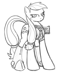 Size: 800x900 | Tagged: safe, artist:scherzo, applejack, g4, gun, monochrome, optic