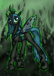 Size: 640x900 | Tagged: safe, artist:scherzo, queen chrysalis, changeling, changeling queen, g4, fangs, female, frown, solo, walking