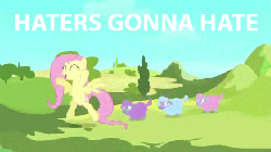Size: 440x248 | Tagged: safe, edit, edited screencap, screencap, fluttershy, pegasus, pony, sheep, g4, season 3, the crystal empire, animated, bipedal, ewe, eyes closed, female, haters gonna hate, prancing, skipping, the ballad of the crystal empire, tiny ewes