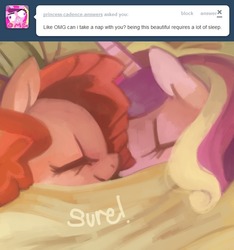 Size: 654x700 | Tagged: dead source, safe, artist:dhui, pinkie pie, princess cadance, ask tired pie, g4, bed, cadancepie, eyes closed, female, infidelity, lesbian, nap, shipping, sleeping, smiling