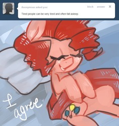 Size: 662x700 | Tagged: dead source, safe, artist:dhui, pinkie pie, ask tired pie, g4, bed, captain obvious, pillow
