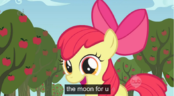 Size: 683x381 | Tagged: safe, screencap, apple bloom, earth pony, pony, call of the cutie, g4, my little pony: friendship is magic, moon, to the moon, youtube caption