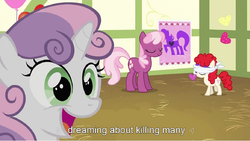 Size: 682x385 | Tagged: safe, screencap, cheerilee, sweetie belle, twist, earth pony, pony, unicorn, g4, hearts and hooves day (episode), my little pony: friendship is magic, adorabolical, adoraevil, blindfold, cute, diasweetes, eyes closed, female, filly, foal, heart, hearts and hooves day, mare, meme, open mouth, open smile, pin the heart on the pony, ponyville schoolhouse, smiling, trio, trio female, youtube caption