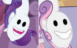 Size: 1330x834 | Tagged: safe, edit, edited screencap, screencap, rarity, sweetie belle, g4, cannot unsee, nightmare fuel, not salmon, wat