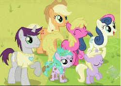 Size: 540x387 | Tagged: safe, screencap, applejack, aura (g4), bon bon, cherry berry, dinky hooves, sweetie drops, written script, earth pony, pony, unicorn, g4, season 2, the mysterious mare do well, animated, blinking, bon bon is amused, bucking, cheering, clothes, cropped, cute, eyes closed, female, filly, grin, happy, hub logo, looking up, loop, male, open mouth, raised hoof, rearing, shirt, smiling, squee, stallion, stomping