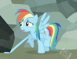 Size: 400x309 | Tagged: safe, screencap, rainbow dash, pegasus, pony, g4, may the best pet win, season 2, animated, boulder, cropped, female, ghastly gorge, hub logo, panicking, ponies are stretchy, scratches, solo, stretch, trapped, trotting, trotting in place