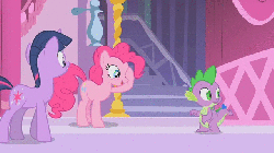 Size: 640x360 | Tagged: safe, screencap, pinkie pie, spike, twilight sparkle, dragon, earth pony, pony, unicorn, g4, green isn't your color, season 1, animated, animation error, butt, face grab, female, gif, horn, male, mare, pin, pincushion spike, plot