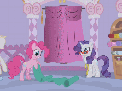 Size: 484x362 | Tagged: safe, screencap, pinkie pie, rarity, earth pony, pony, unicorn, g4, season 1, suited for success, animated, animated screencap, art of the dress, behaving like a cat, bipedal, cropped, curtains, cute, diapinkes, duo, female, glasses, measuring tape, messy mane, pinkie being pinkie, rarity's glasses, silly, sunlight