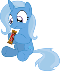Size: 800x951 | Tagged: safe, artist:miketheuser, trixie, pony, unicorn, g4, female, frown, hoof hold, mare, pun, ship:twixie, simple background, sitting, solo, transparent background, twix, underhoof