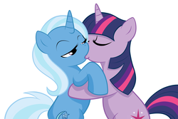 Size: 3000x2000 | Tagged: dead source, safe, artist:grumblepluck, trixie, twilight sparkle, pony, unicorn, g4, duo, female, high res, kiss on the lips, kissing, lesbian, ship:twixie, shipping, simple background, unicorn twilight, white background