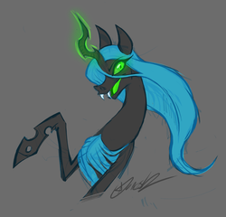 Size: 1280x1227 | Tagged: dead source, safe, artist:tychosexual, queen chrysalis, changeling, changeling queen, g4, bust, fangs, female, glowing horn, gray background, horn, looking at you, open mouth, raised hoof, signature, simple background, smiling, solo