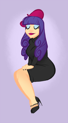 Size: 400x720 | Tagged: safe, artist:tychosexual, rarity, human, g4, sweet and elite, beatnik, beatnik rarity, beret, clothes, eyes closed, eyeshadow, female, hands on knees, hat, high heels, humanized, lipstick, makeup, shoes, solo, sweater, woman