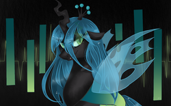 Size: 1580x980 | Tagged: dead source, safe, artist:mscootaloo, queen chrysalis, changeling, changeling queen, g4, crown, fangs, female, jewelry, looking at you, regalia, smiling, solo, standing