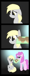 Size: 900x2260 | Tagged: safe, artist:lolepopenon, derpy hooves, pinkie pie, earth pony, pegasus, pony, g4, comic, crying, duo, female, happy, mare, mouth hold, muffin, sad, smiling