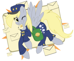 Size: 1092x901 | Tagged: safe, artist:cluttercluster, derpy hooves, pegasus, pony, g4, bag, clothes, female, flying, hat, letter, mare, mouth hold, simple background, solo, spread wings, transparent background, uniform, wings, wink