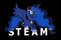 Size: 1981x1290 | Tagged: safe, artist:pinkanon, princess luna, alicorn, pony, gamer luna, g4, black background, female, mare, prone, simple background, solo, spread wings, steam (software), wallpaper, wings