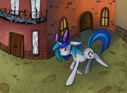 Size: 1024x748 | Tagged: safe, artist:divinisity, dj pon-3, vinyl scratch, pony, g4, city, exterior, female, scenery, solo, street, town