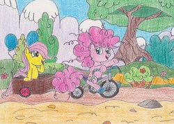 Size: 3088x2217 | Tagged: safe, artist:darkknighthoof, fluttershy, pinkie pie, g4, filly, high res, tricycle, wagon