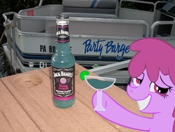 Size: 800x600 | Tagged: safe, artist:ulfhunden, berry punch, berryshine, earth pony, pony, g4, alcohol, boat, bottle, glass, irl, jack daniel's, malt beverage, photo, ponies in real life, vector