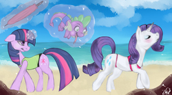 Size: 1800x1000 | Tagged: safe, artist:acidiic, rarity, spike, twilight sparkle, pony, unicorn, g4, beach, bikini, clothes, one-piece swimsuit, swimsuit, trio, unicorn twilight