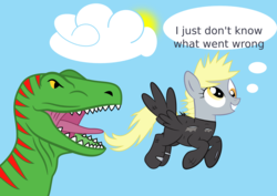 Size: 1821x1287 | Tagged: safe, artist:tgolyi, derpy hooves, dinosaur, pegasus, pony, tyrannosaurus rex, g4, clothes, costume, female, future twilight, i just don't know what went wrong, mare, svg, time travel, vector