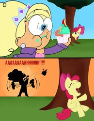 Size: 900x1159 | Tagged: safe, artist:abigail m., apple bloom, earth pony, human, pony, g4, brianna buttowski, crossover, female, filly, kick buttowski suburban daredevil