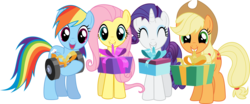 Size: 7215x2997 | Tagged: safe, artist:tgolyi, applejack, fluttershy, rainbow dash, rarity, g4, secret of my excess, .svg available, holding a present, mouth hold, present, simple background, transparent background, vector