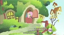 Size: 854x473 | Tagged: safe, screencap, fluttershy, pegasus, pony, baby cakes, g4, female, hub logo, logo, mare, solo, the hub, youtube caption