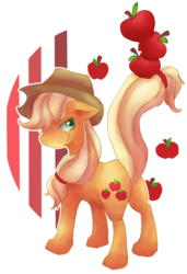 Size: 500x729 | Tagged: safe, artist:cheerubi, applejack, earth pony, pony, g4, apple, balancing, female, food, looking back, solo