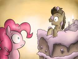 Size: 1024x768 | Tagged: safe, artist:fongsaunder, doctor whooves, pinkie pie, time turner, earth pony, pony, g4, cake, doctor who, duo, female, male, mare, stallion, surprise cake