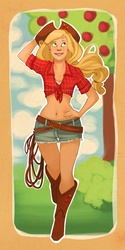 Size: 1126x2256 | Tagged: safe, artist:kampfkohlrabi, artist:starsandpolkadots, applejack, human, g4, belly button, boots, cowboy boots, cowboy hat, female, hat, humanized, midriff, rope, solo